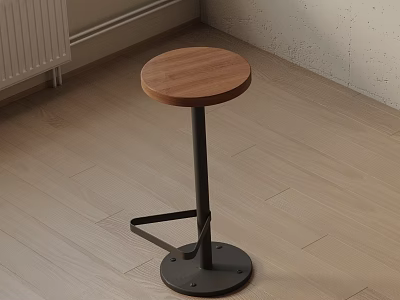 Simple Modern Bar Stool With Wooden Seat And Black Metal Frame Indoor On Wooden Floor 3d model