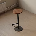 Simple Modern Bar Stool With Wooden Seat And Black Metal Frame Indoor On Wooden Floor