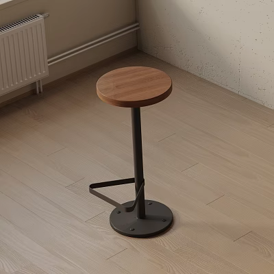 Simple Modern Bar Stool With Wooden Seat And Black Metal Frame Indoor On Wooden Floor 3d model
