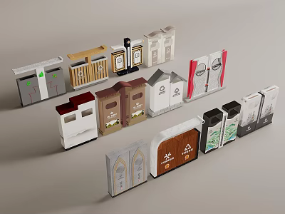 Diverse Public Facilities Models Featuring Trash Bins Toilet Compartments And Signage 3d model