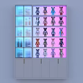 Modern Decorative Cabinet With Glass Door Colorful Bear Figurines Bottles And Drinks
