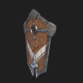 Medieval Weapon Shield With Wooden Body Metal Accents Circular Center And White Wing Patterns