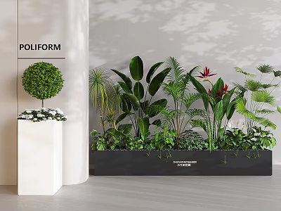 Various Green Plants Including Round Topiary Red And White Flowers In Planter Stand And Box 3d model