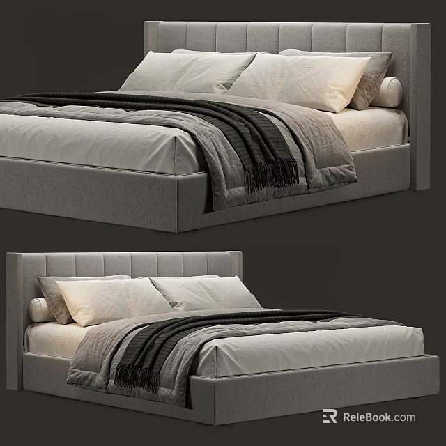 Modern Double Bed With Upholstered Headboard Linen Bedding White Pillows And Gray Blanket 3d model 