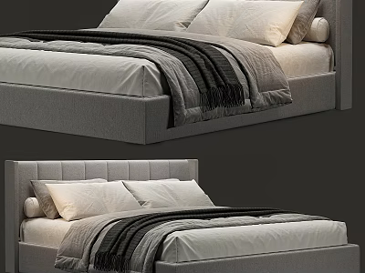 Modern Double Bed With Upholstered Headboard Linen Bedding White Pillows And Gray Blanket 3d model