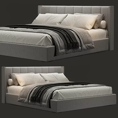 Modern Double Bed With Upholstered Headboard Linen Bedding White Pillows And Gray Blanket 3d model