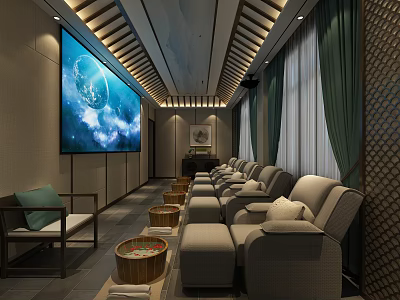 SPA Sauna Interior With Large Screen Comfortable Seats Wooden Buckets Green Curtains And Wooden Decor 3d model