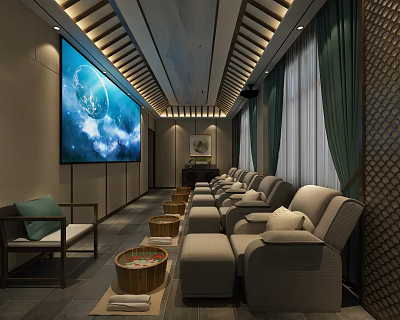 SPA Sauna Interior With Large Screen Comfortable Seats Wooden Buckets Green Curtains And Wooden Decor 3d model