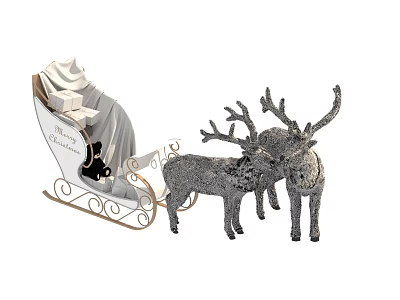 Festive Christmas Decoration With Ornate White Sleigh Silver Reindeer Gifts And Blanket 3d model