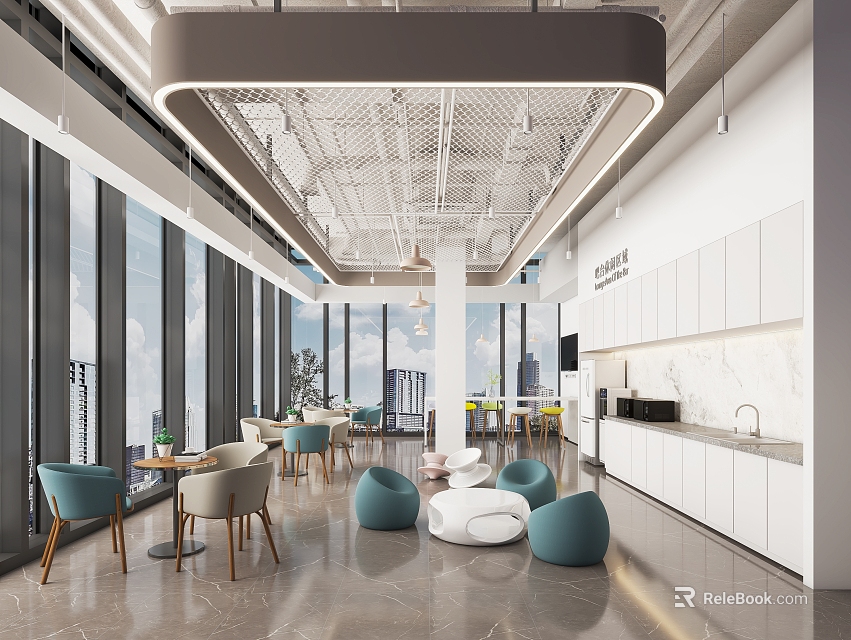 Modern Bright Break Room Interior With Comfortable Seating White Cabinets And Kitchen Appliances 3d model 