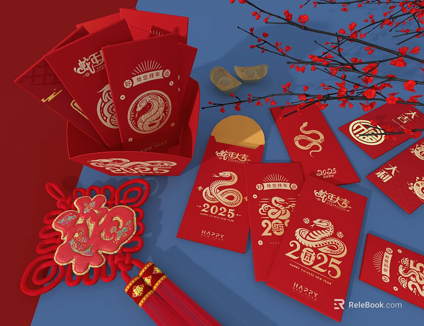 Traditional Chinese New Year Living Supplies With Red Envelopes Dragon Patterns And Fu Characters 2024 3d model 