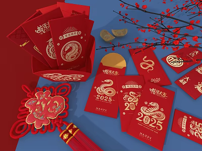 Traditional Chinese New Year Living Supplies With Red Envelopes Dragon Patterns And Fu Characters 2024 3d model