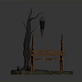 Wooden Bench With Tree Branch Structure And Hanging Lantern On Stone Ground With Flames