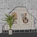 Broken Concrete Wall With Glass Panel Metal Grid And Potted Plant