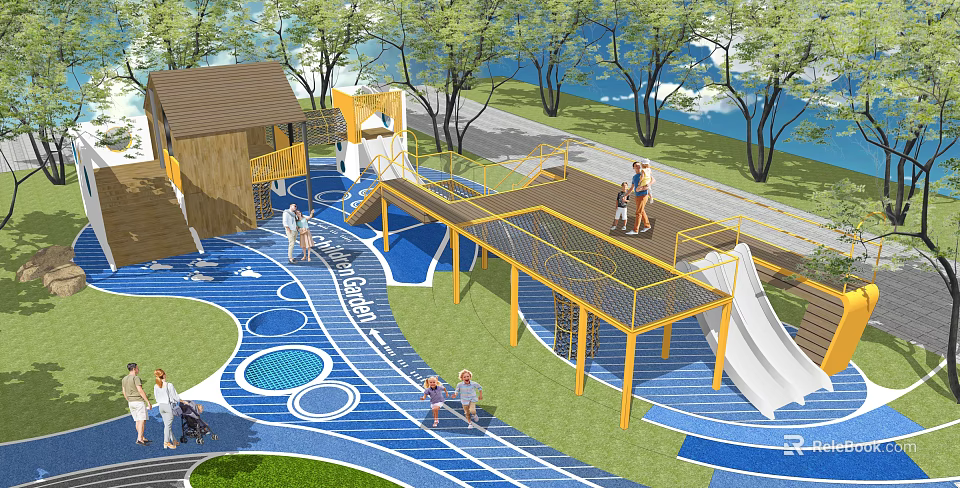 Park Landscape with Kids Playground Slide Climbing Structure Colorful Ground Trees Water for Family Fun 3d model 