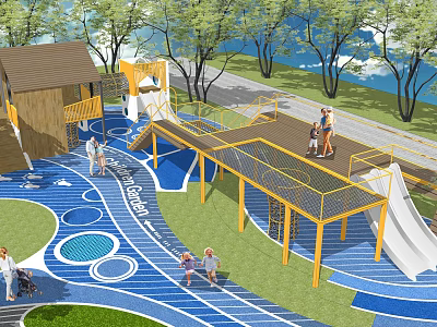 Park Landscape with Kids Playground Slide Climbing Structure Colorful Ground Trees Water for Family Fun 3d model