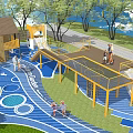 Park Landscape with Kids Playground Slide Climbing Structure Colorful Ground Trees Water for Family Fun