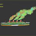 Ship With White And Orange Hull Three Yellow Funnels Emitting Gray Smoke And Water Reflection