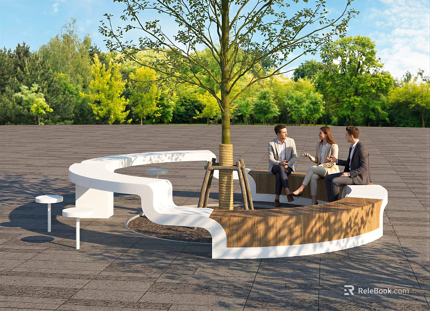 Curved White And Wooden Landscape Seating Around Tree In Green Outdoor Area 3d model 