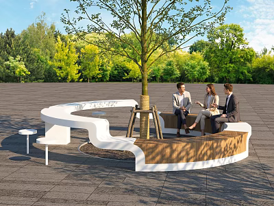 Curved White And Wooden Landscape Seating Around Tree In Green Outdoor Area 3d model