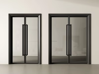 Modern Double Glass Doors with Black Frame and Long Handles in Minimalist Interior Setting 3d model