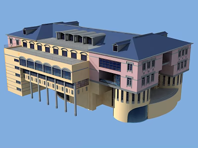 Architectural Multi Story Building With Colored Facade Arched Windows Dark Roof And Columns 3d model