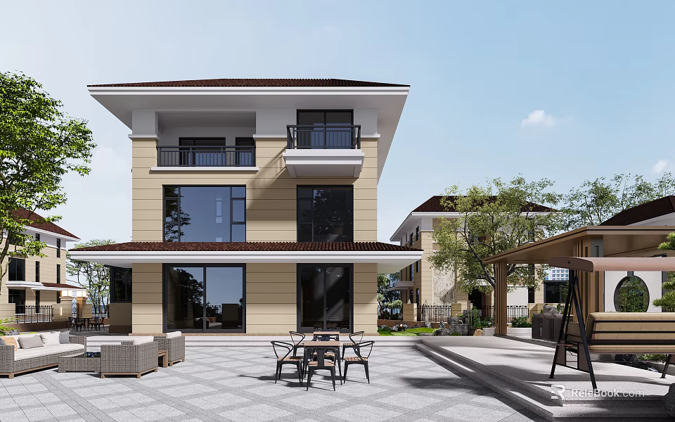 Modern Two Story Detached Villa Exterior With Balcony Courtyard Outdoor Seating And Trees 3d model 