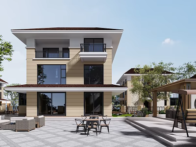 Modern Two Story Detached Villa Exterior With Balcony Courtyard Outdoor Seating And Trees 3d model