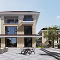 Modern Two Story Detached Villa Exterior With Balcony Courtyard Outdoor Seating And Trees