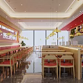 Bright Modern Restaurant Interior With Red Walls Wooden Tables And Pendant Lights