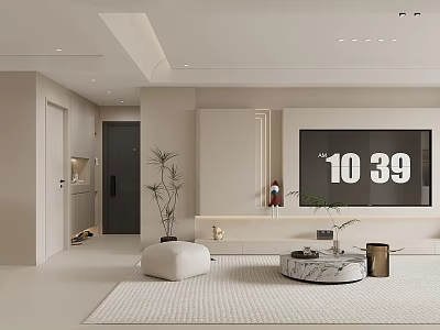 Modern Minimalist Living and Dining Room Interior With TV Marble Coffee Table And Green Plant 3d model