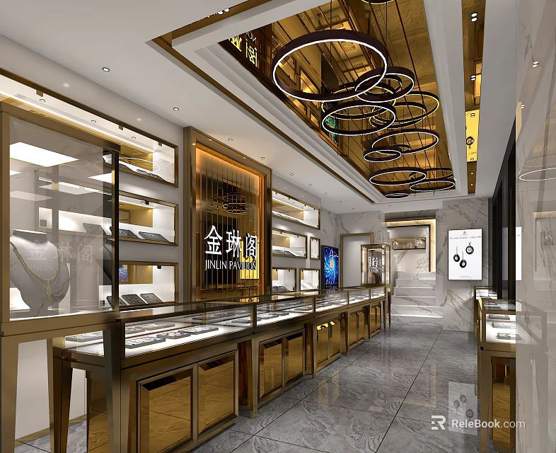 Luxurious Jewelry Store Interior With Glass Display Cases And Warm Lighting 3d model 