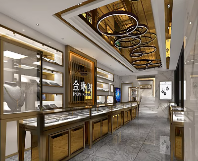 Luxurious Jewelry Store Interior With Glass Display Cases And Warm Lighting 3d model