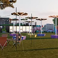 Luxury Glamping Campsite With Grassy Area Lounge Chairs String Lights And Wooden Platforms