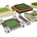 Various Shaped Tree Planters With Wooden Borders Stone Materials And Green Grass 3d model
