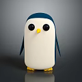 Cartoon Penguin Character with Blue White Body Big Black Eyes Yellow Beak on Gray Background