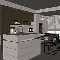 Modern Restaurant Kitchen Interior With Dark Cabinets White Island Hanging Lights And Dining Table