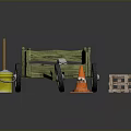 Wooden Cart With Yellow Bucket Orange Traffic Cone And Wooden Crate
