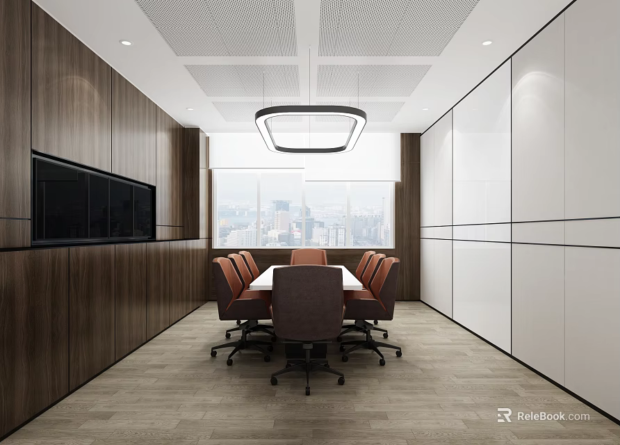 Modern Conference Room Interior Design With Wooden Walls Large Windows City View And Brown Chairs 3d model 