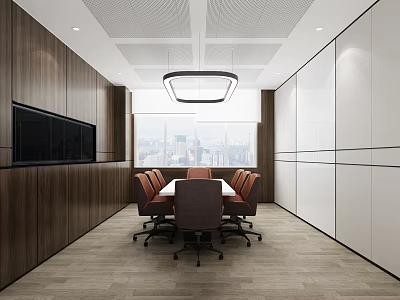 Modern Conference Room Interior Design With Wooden Walls Large Windows City View And Brown Chairs 3d model