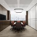 Modern Conference Room Interior Design With Wooden Walls Large Windows City View And Brown Chairs