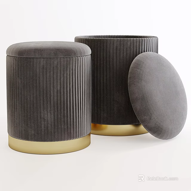Modern Cylindrical Ottoman With Pinstriped Velvet Upholstery Gold Base And Storage Function 3d model