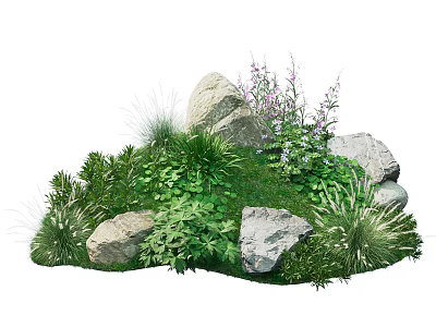 Lush Green Flowers And Various Plants With Natural Stones In Garden 3d model
