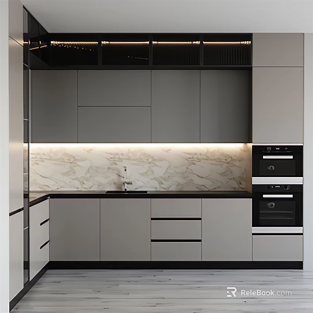 Modern Kitchen Interior Design Featuring Sleek Gray Cabinets Marble Countertop And Oven 3d model