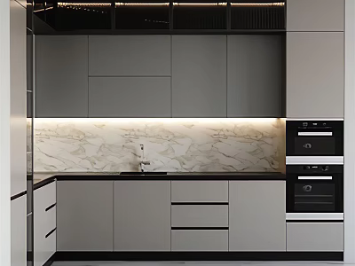 Modern Kitchen Interior Design Featuring Sleek Gray Cabinets Marble Countertop And Oven 3d model