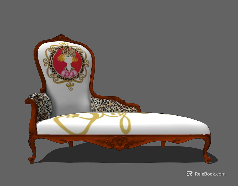 Classic Chaise Lounge With Red Circular Decorative Backrest Golden Pattern White Cushion Carved Wooden Frame 3d model 