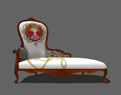 Classic Chaise Lounge With Red Circular Decorative Backrest Golden Pattern White Cushion Carved Wooden Frame 3d model