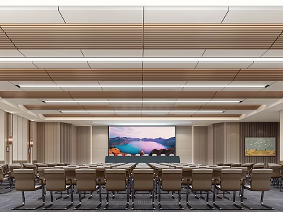 Modern Conference Room Interior With Wooden Walls Large Screen And Rows Of Chairs 3d model
