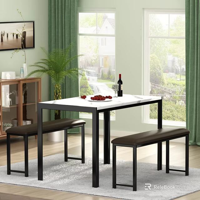 Modern Dining Table Set With White Marble Top Black Frame Leather Benches And Green Plants 3d model 