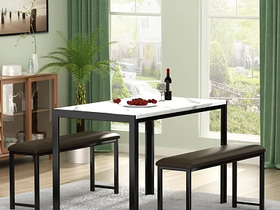 Modern Dining Table Set With White Marble Top Black Frame Leather Benches And Green Plants 3d model